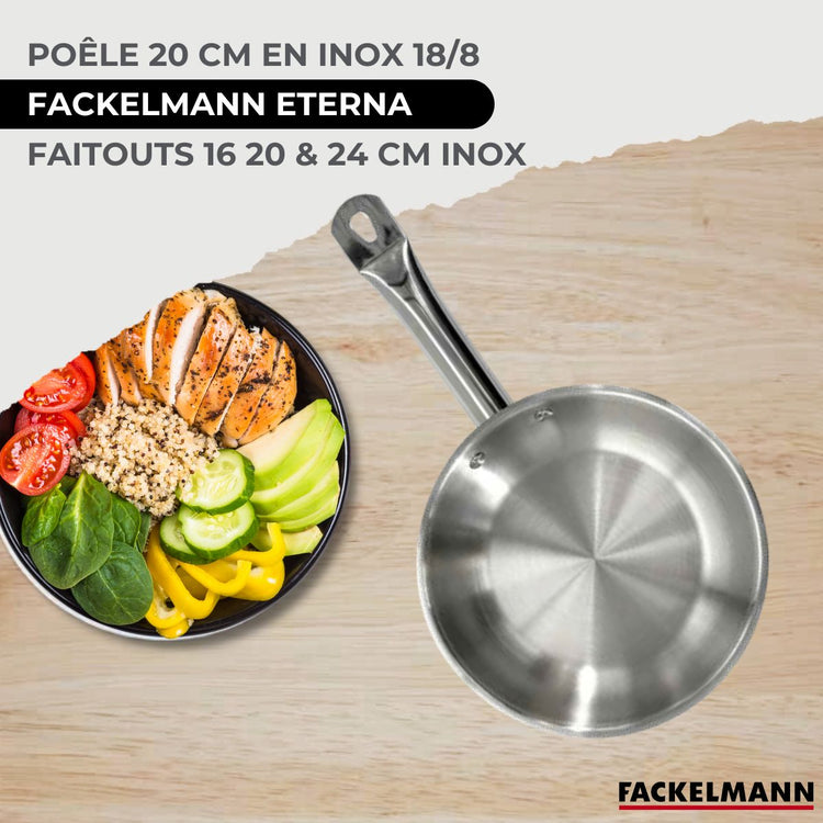 Set 1 poêle 20 cm en inox et 1 couvercle verre, 3 faitouts inox 16, 20 et 24 cm Fackelmann Eterna