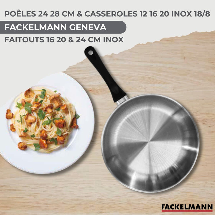 Batterie de cuisine avec 2 poêles 24/28 cm 3 casseroles 12/16/20 cm et 3 faitouts 16/20/24 cm en inox sans PFAS Fackelmann Généva Brillant