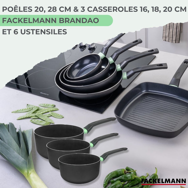 Set de 2 poêles 24 et 28 cm et 3 casseroles 16, 18 et 20 cm céramique et 6 ustensiles Fackelmann Brandao