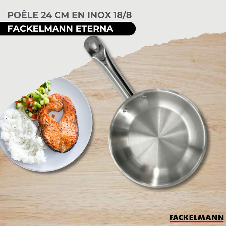 Set de 2 poêles 20 et 28 cm en inox, 2 couvercles verre et 6 ustensiles inox Fackelmann Eterna