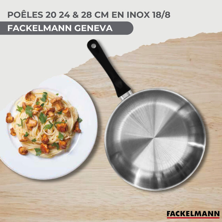 Set 3 poêles 20 24 et 28 cm en inox, couvercles verre et 6 ustensiles Fackelmann Geneva