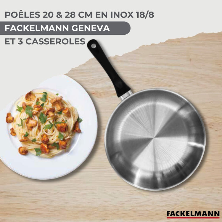 Set 2 poêles 20 et 28 cm 3 casseroles 12 16 et 20 cm en inox et 6 ustensiles Fackelmann Geneva