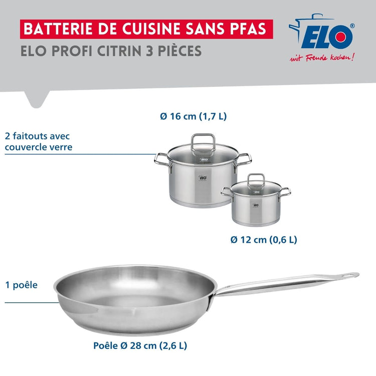 Ensemble de 1 Poêle de cuisson 28 cm et 2 faitouts 12 et 16 cm Elo Profi Citrin