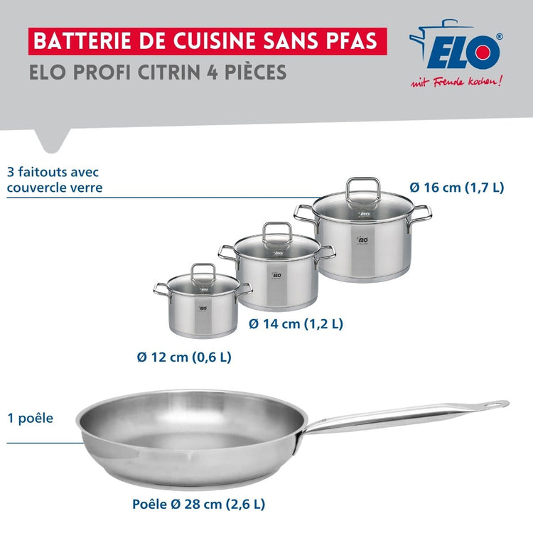 Ensemble de 1 Poêle de cuisson 28 cm et 3 faitouts 12, 14 et 16 cm Elo Profi Citrin