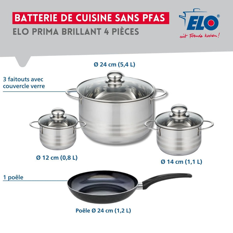 Ensemble de 1 Poêle de cuisson 24 cm et 3 faitouts 12, 14 et 24 cm Elo Prima Brillant