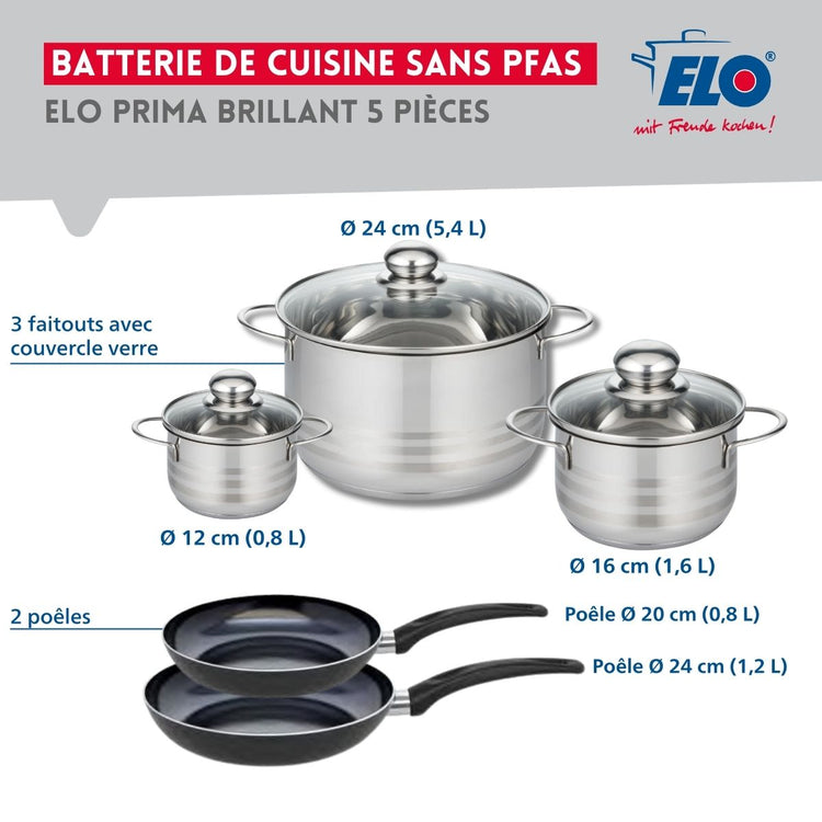 Ensemble de 2 Poêles de cuisson 20 et 24 cm et 3 faitouts 12, 16 et 24 cm Elo Prima Brillant
