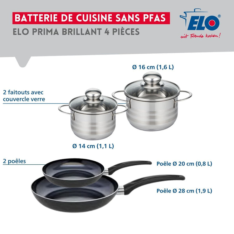 Ensemble de 2 Poêles de cuisson 20 et 28 cm et 2 faitouts 14 et 16 cm Elo Prima Brillant
