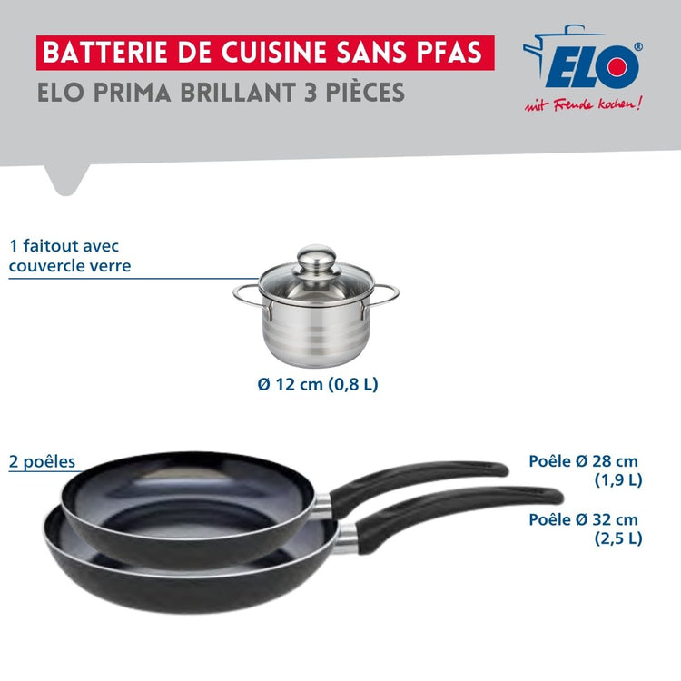 Ensemble de 2 Poêles de cuisson 28 et 32 cm et 1 faitout 12 cm Elo Prima Brillant