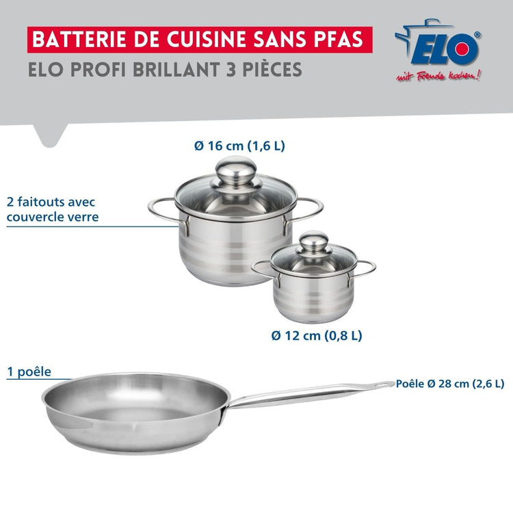 Ensemble de 1 Poêle de cuisson 28 cm et 2 faitouts 12 et 16 cm Elo Profi Brillant