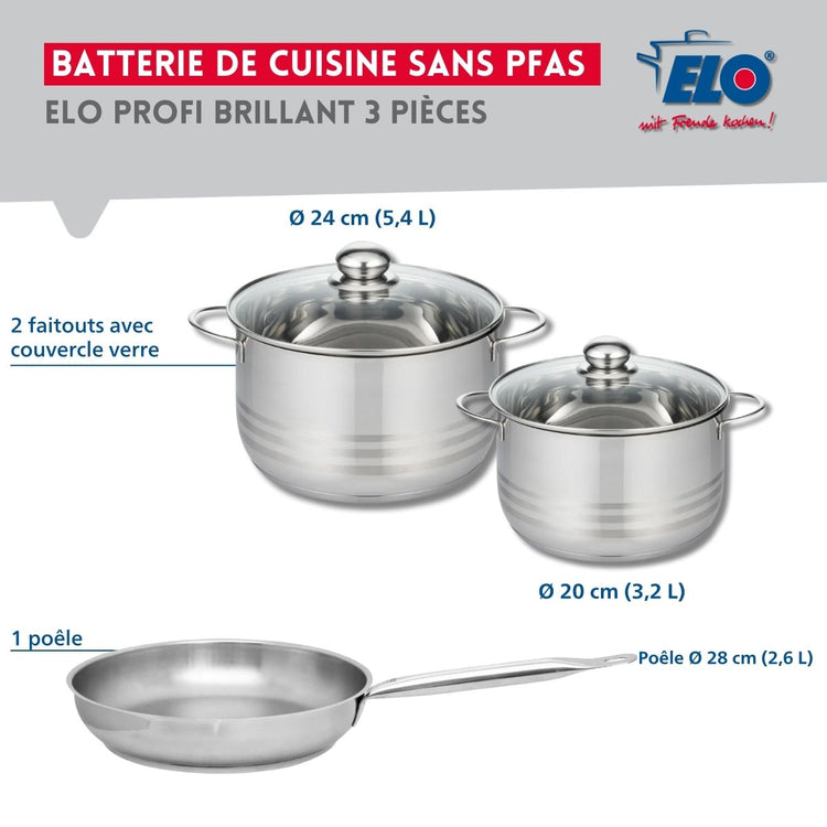 Ensemble de 1 Poêle de cuisson 28 cm et 2 faitouts 20 et 24 cm Elo Profi Brillant