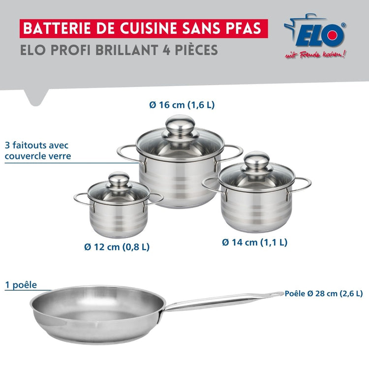 Ensemble de 1 Poêle de cuisson 28 cm et 3 faitouts 12, 14 et 16 cm Elo Profi Brillant