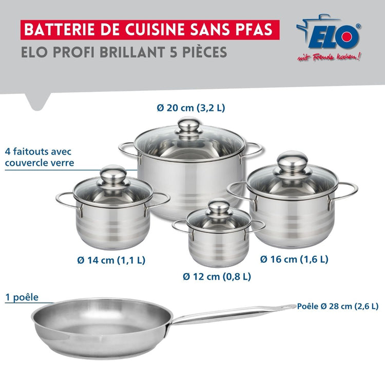 Ensemble de 1 Poêle de cuisson 28 cm et 4 faitouts 12, 14, 16 et 20 cm Elo Profi Brillant