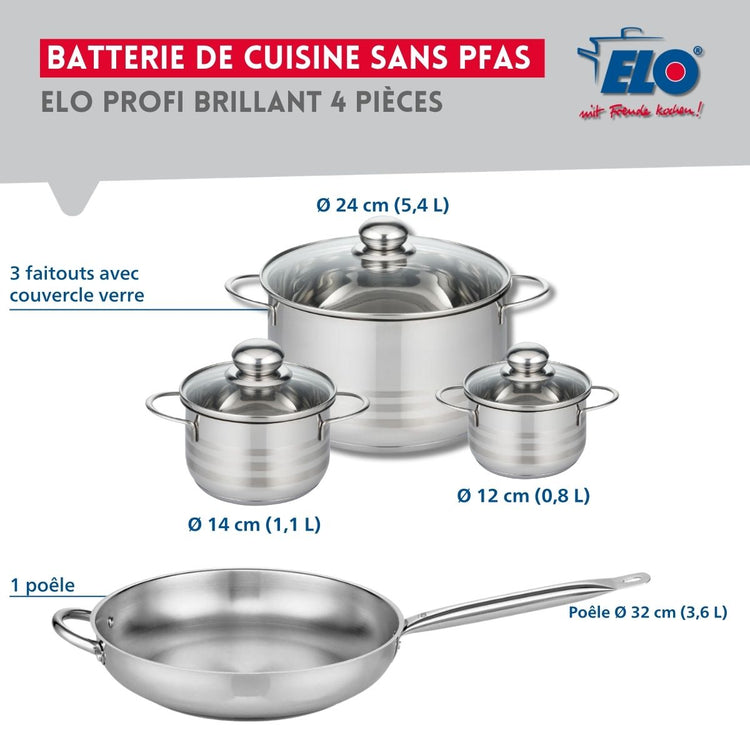 Ensemble de 1 Poêle de cuisson 32 cm et 3 faitouts 12, 14 et 24 cm Elo Profi Brillant