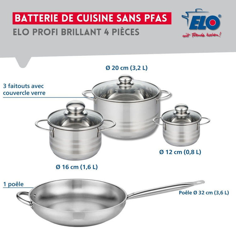 Ensemble de 1 Poêle de cuisson 32 cm et 3 faitouts 12, 16 et 20 cm Elo Profi Brillant