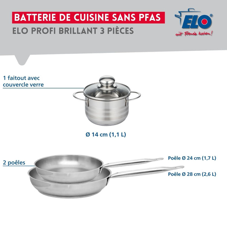 Ensemble de 2 Poêles de cuisson 24 et 28 cm et 1 faitout 14 cm Elo Profi Brillant