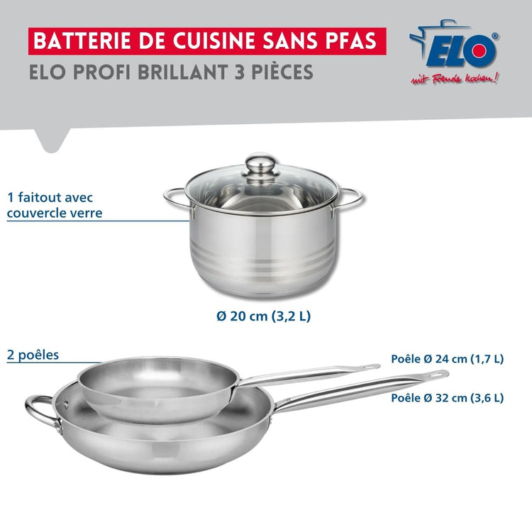 Ensemble de 2 Poêles de cuisson 24 et 32 cm et 1 faitout 20 cm Elo Profi Brillant