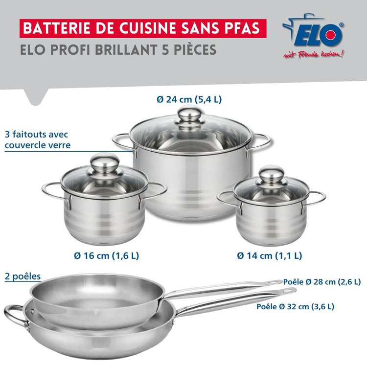 Ensemble de 2 Poêles de cuisson 28 et 32 cm et 3 faitouts 14, 16 et 24 cm Elo Profi Brillant