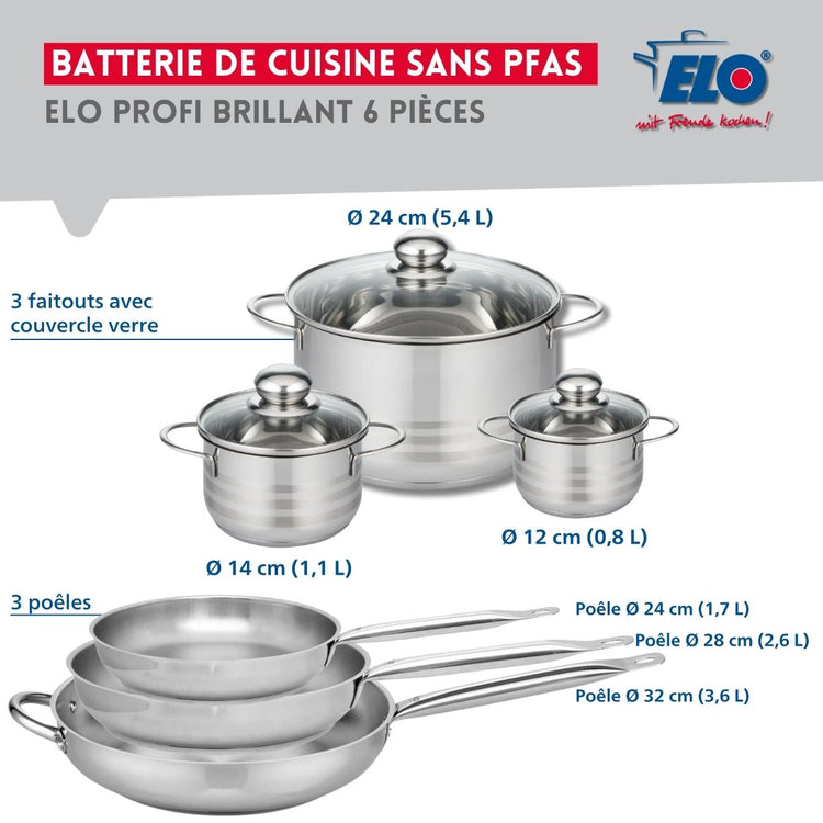 Ensemble de 3 Poêles de cuisson 24, 28 et 32 cm et 3 faitouts 12, 14 et 24 cm Elo Profi Brillant