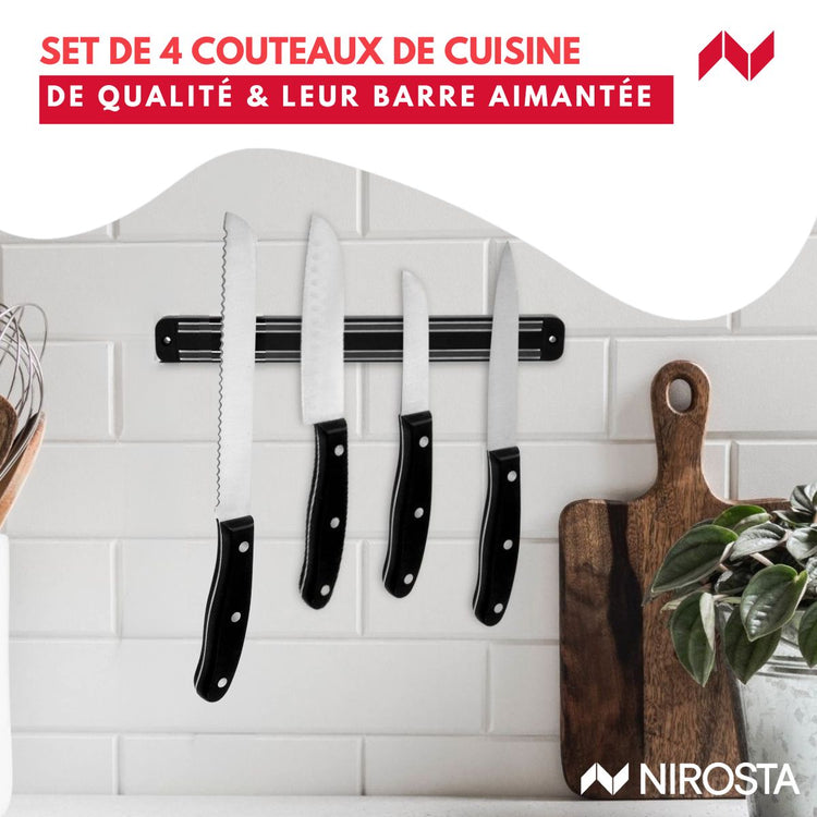 Ensemble de 4 couteaux 22 à 33 cm Nirosta Fit et 1 support mural magnétique