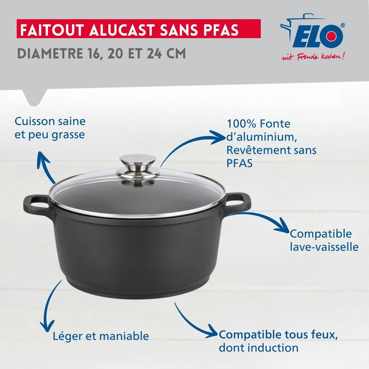 Set de 3 faitouts avec couvercles en verre 16 cm 20 cm et 24 cm Elo Alucast