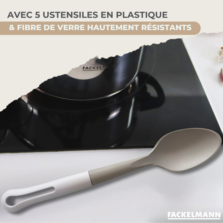 Batterie de cuisine avec 2 poêles 16/20 cm et 3 casseroles 16/18/20 cm et 5 ustensiles de cuisine sans PFAS Fackelmann Brandao Vario