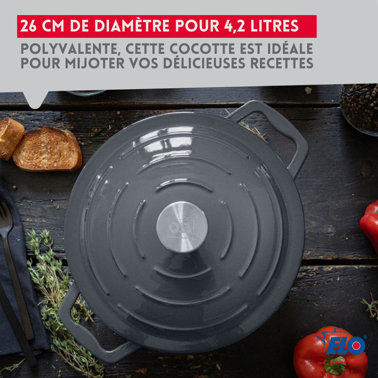 Cocotte en fonte émaillée gris classique 26 cm 4.5 L Elo