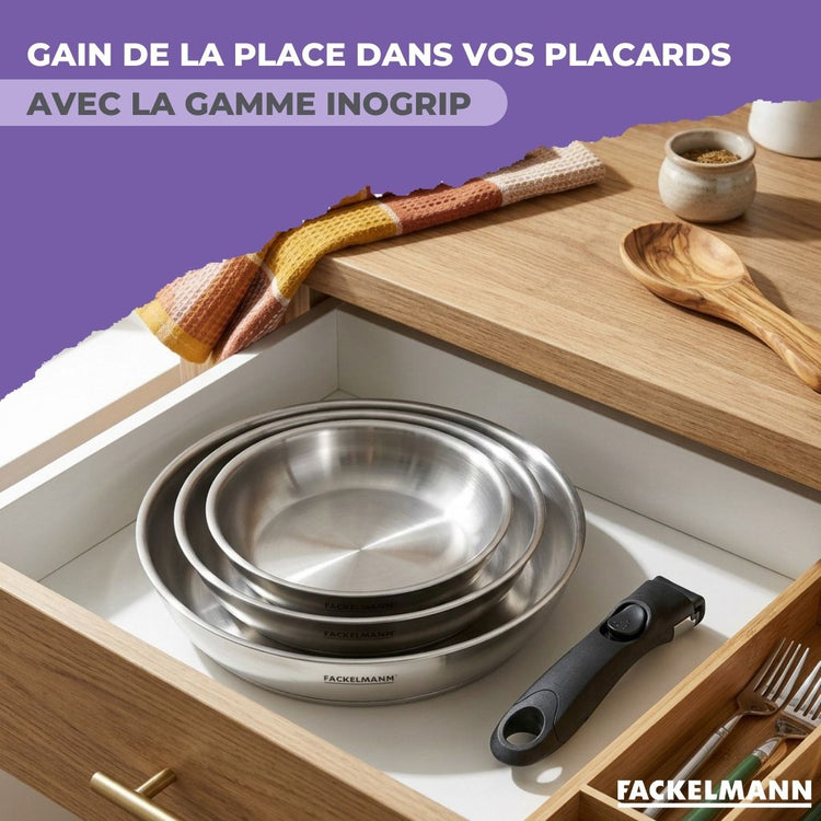 Lot de 2 poêles en inox de 20 cm et 28 cm avec manche amovible Fackelmann InoGrip