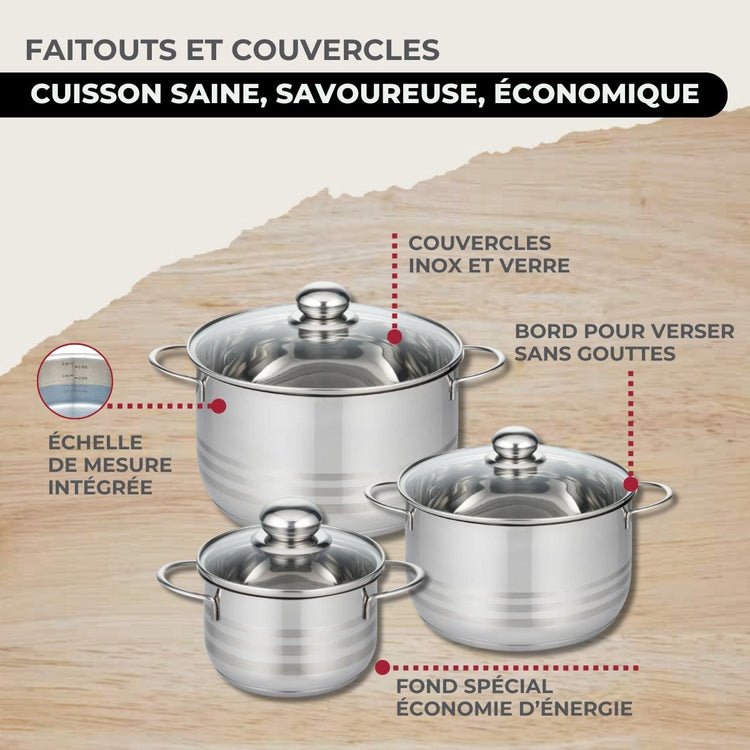 Set 2 poêles 20 28 cm en inox, 3 faitouts inox 16, 20 et 24 cm Fackelmann Eterna