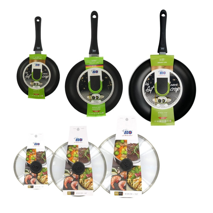 Ensemble de 3 poêles à frire et 3 couvercles en verre 20 cm 24 cm et 28 cm Elo Smart Life