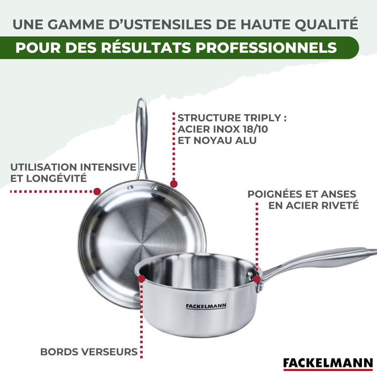 Batterie de cuisine avec 3 poêles 20/26/28 cm et 2 casseroles 14/18 cm avec 1 couvercle de cuisson universel sans PFAS Fackelmann Vita3