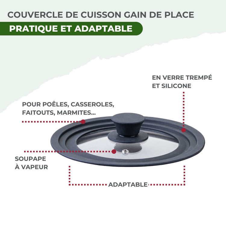 Batterie de cuisine avec 2 poêles 24/26 cm et 2 casseroles 14/18 cm avec 1 couvercle de cuisson universel sans PFAS Fackelmann Vita3