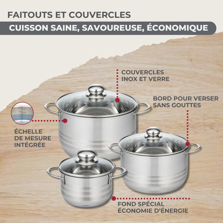Batterie de cuisine avec 3 poêles 20/24/28 cm et 3 faitouts 16/20/24 cm avec 6 ustensiles de cuisine sans PFAS Fackelmann Généva Brillant Oxford
