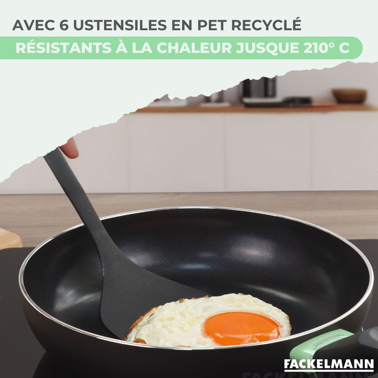 Set de 2 poêles 16 et 20 cm, 3 casseroles céramique 16, 18 et 20 cm et 6 ustensiles Fackelmann Brandao