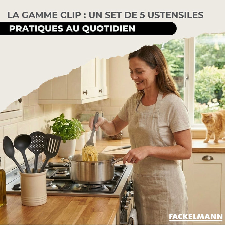 Batterie de cuisine avec 3 faitouts 16/20/24 cm et 1 poêle 24 cm avec 5 ustensiles de cuisine Fackelmann Etherna Brillant Clip