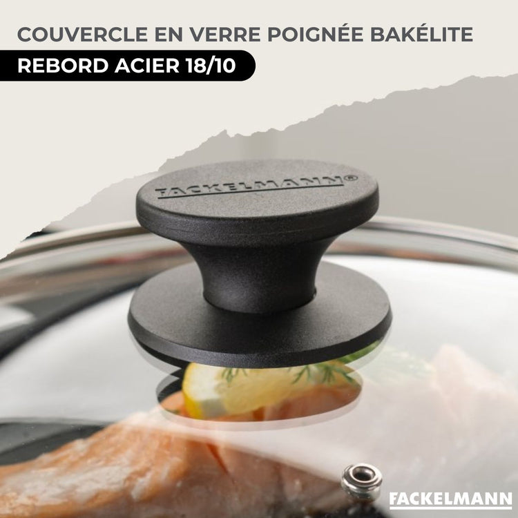 Batterie de cuisine avec 2 poêles 24/28 cm et 3 faitouts 16/20/24 cm sans PFAS Fackelmann Généva Brillant avec couvercles